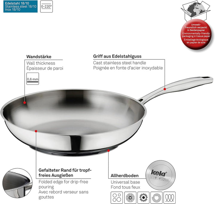 Kela 10189 Flavoria Bratpfanne, 18/8 Stainless Steel, 2.2 liters, Silber Glänzend 28 cm, 28 cm