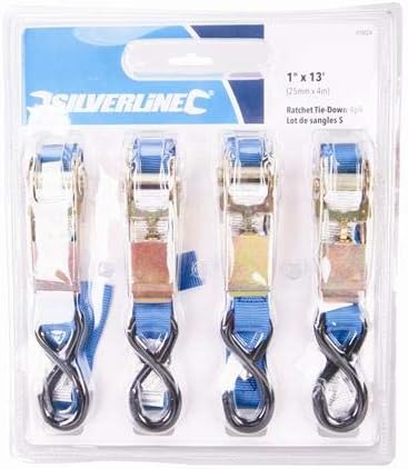 Silverline 481938 Spanngurt mit S-Haken, 4 m x 25 mm, 4-tlg. Satz Nennleistung: 250 kg; Zurrkraft: 7