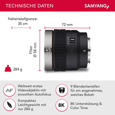 Samyang V-AF 45mm T1,9 FE für Sony E, Videoobjektiv, Auto Fokus Objektiv, Cine Lens 8K Unterstützung