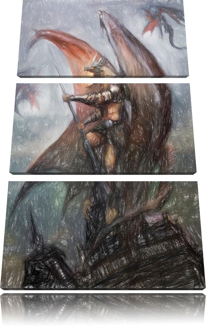 Pixxprint Fiktiver Drachenmann auf der Spitze der Stadt Kunst Buntstift Effekt 3-Teiler Leinwandbild