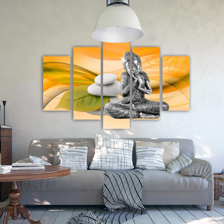 Feeby Wandbild XXL 5 Teilig Buddha Leinwandbild Zen Steine Blätter orange 300x140 cm Leinwandbild 30