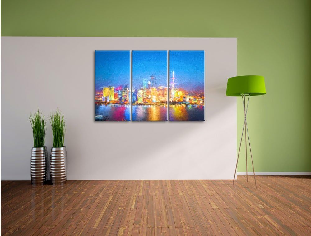 Pixxprint Skyline von Shanghai Bunstift Effekt 3-Teiler Leinwandbild 120x80 Bild auf Leinwand