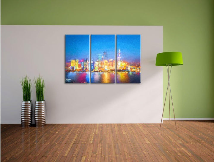 Pixxprint Skyline von Shanghai Bunstift Effekt 3-Teiler Leinwandbild 120x80 Bild auf Leinwand
